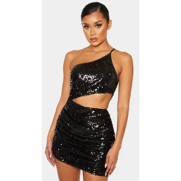 slim fit dress slacks Chi Chi London Women's One Shoulder Ruched Sequin Midi Dress in Black main image 1